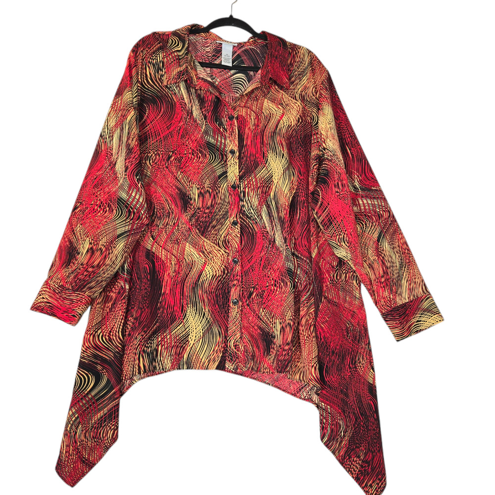 Catherines Womens 3X 26/28W Blouse Stretch Shark‎ Bite Hem Red Tan Swirls